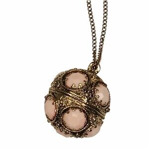 Vintage Goldtone Ball Sphere Pendant With Pink Plastic Stones 32" Chain Costume